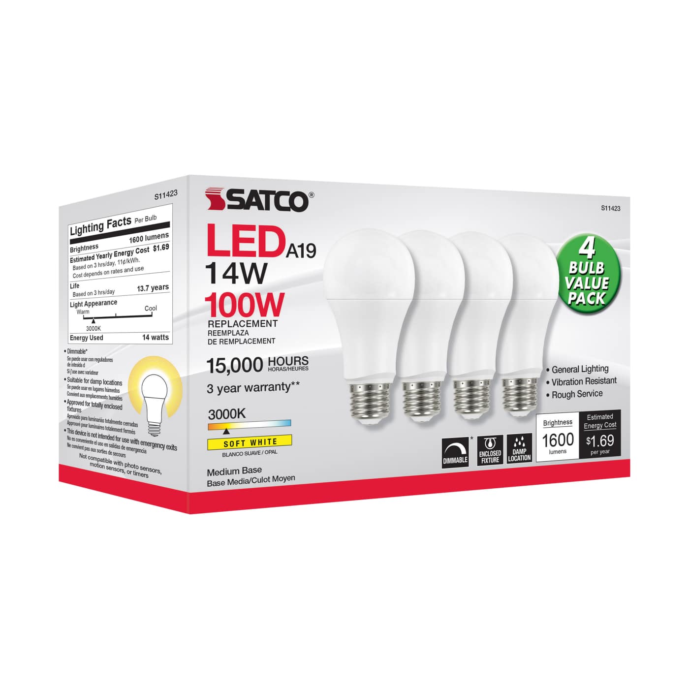 14A19/LED/830/120V/D/4PK - S11423
