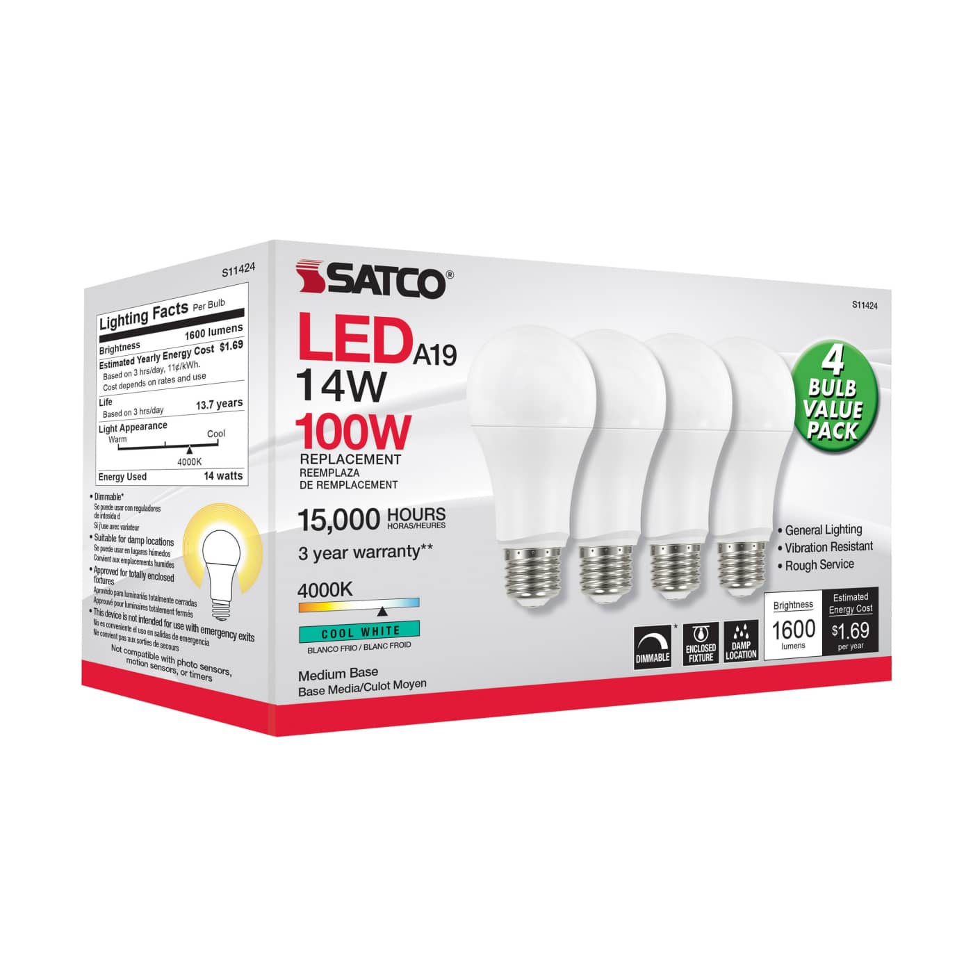 14A19/LED/840/120V/D/4PK - S11424