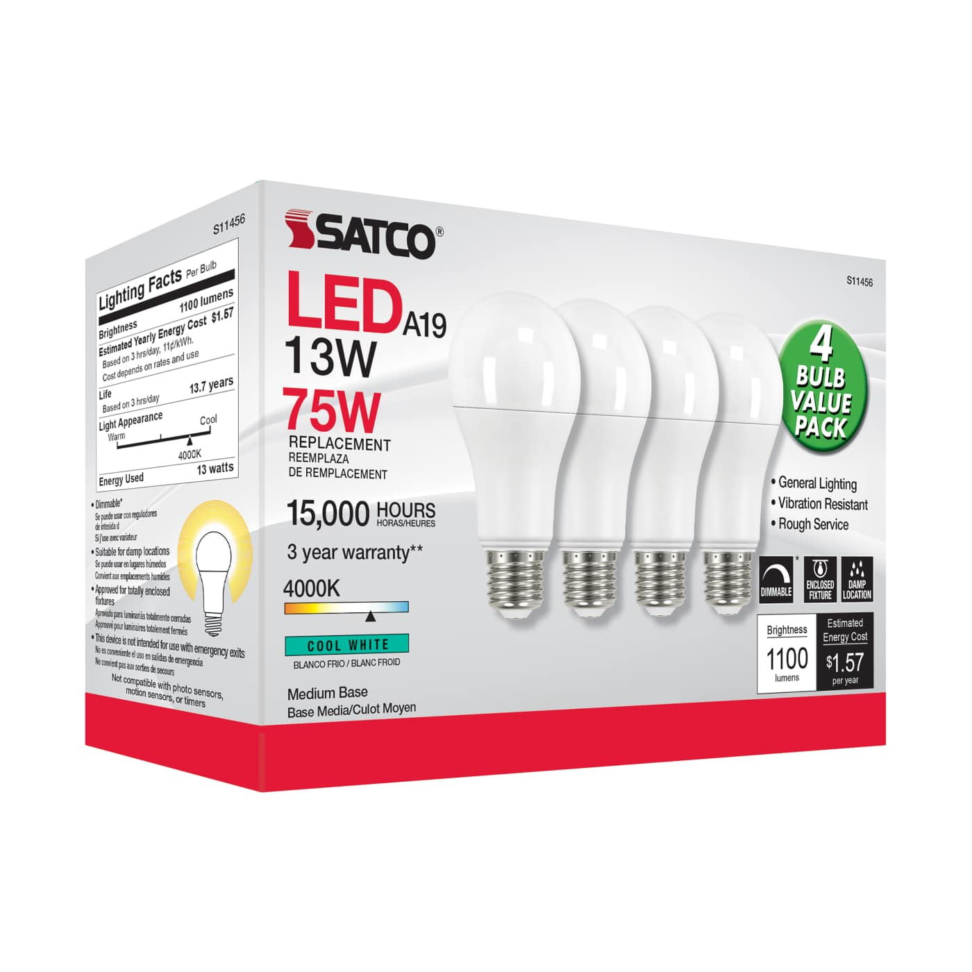 13A19/LED/840/120V/D/4PK - S11456