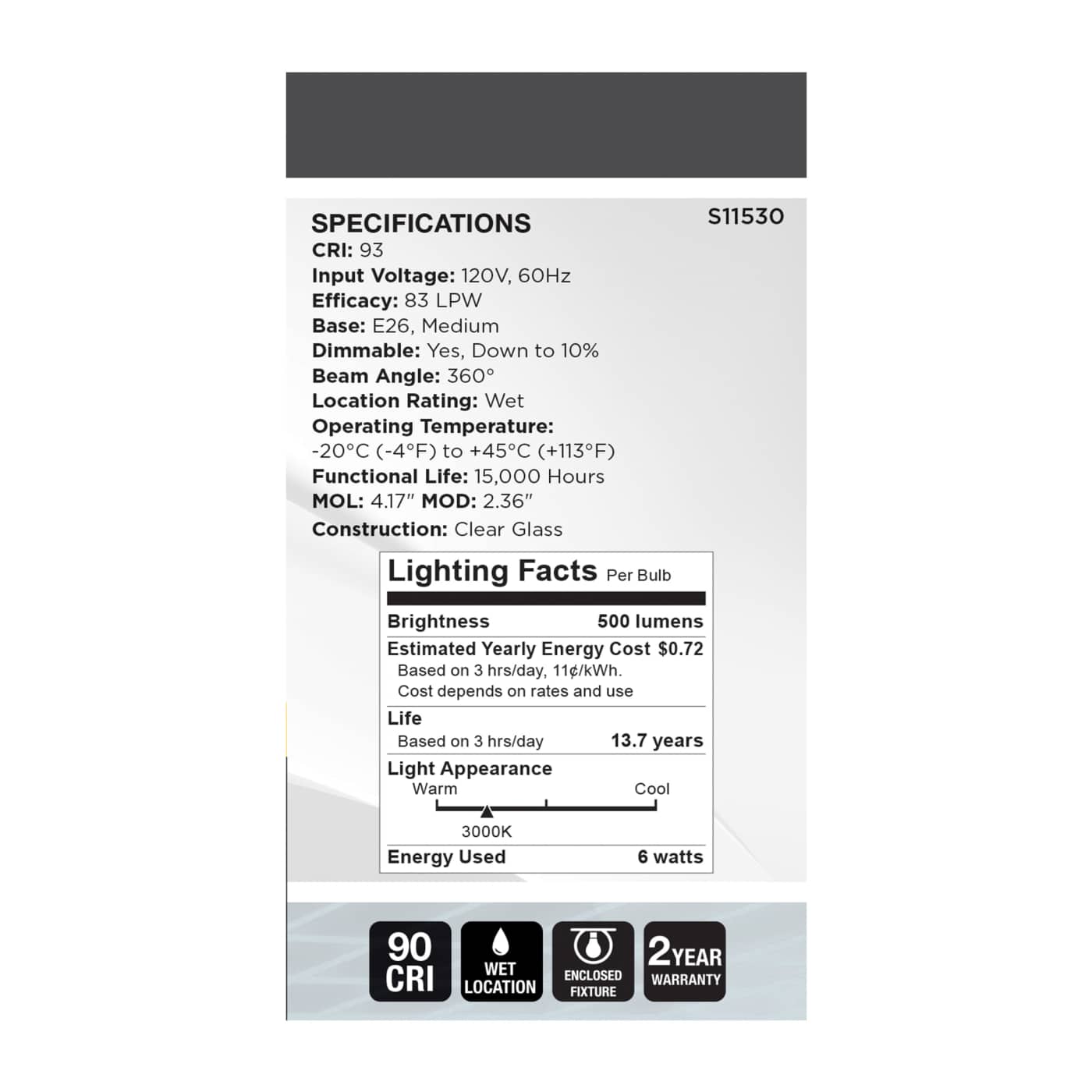 6A19/CL/LED-GF/COIL/930/E26 - S11530
