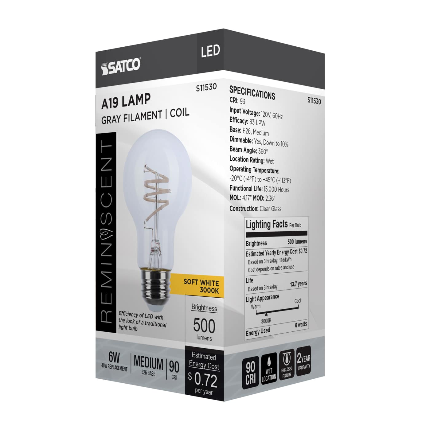 6A19/CL/LED-GF/COIL/930/E26 - S11530