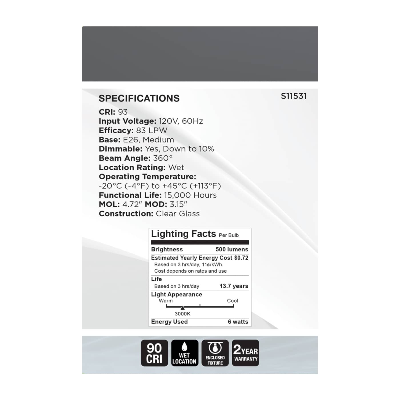 6G25/CL/LED-GF/COIL/930/E26 - S11531