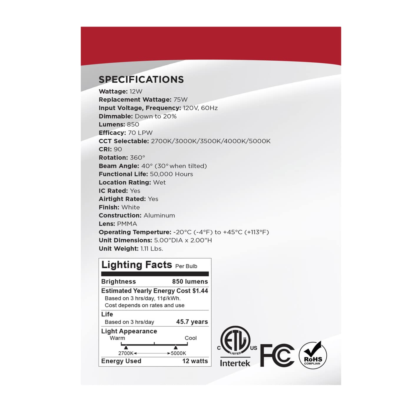 12W/DW/GBL/4/CCT/RND/RD/WH - S11618R1