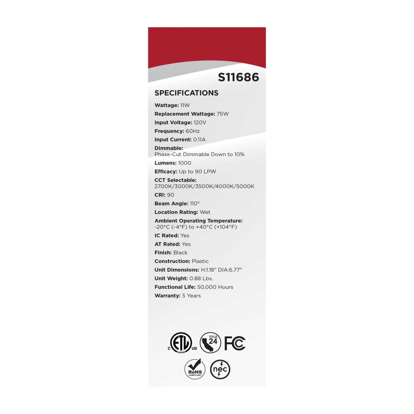 11WLED/DW/6/CCT/RND/FL/RD/BK - S11686