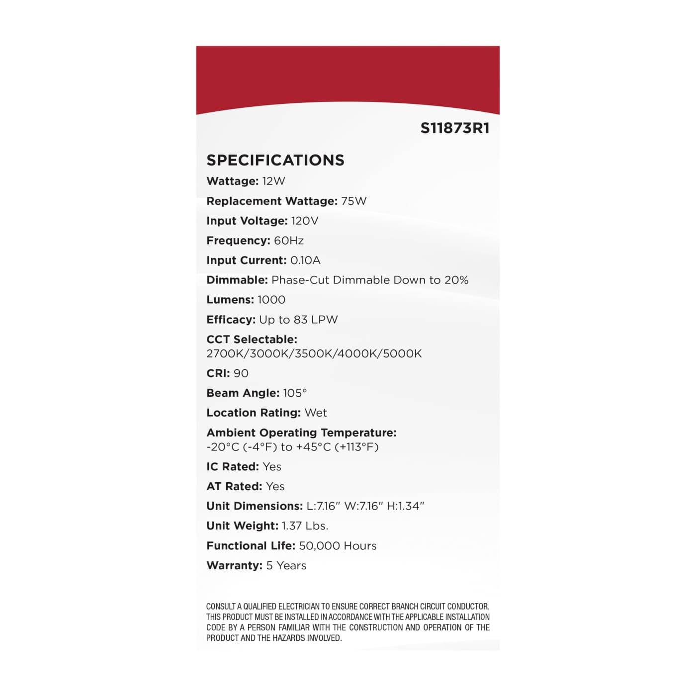12WLED/DW/6/CCT-SEL/SQ/RD/WH - S11873R1