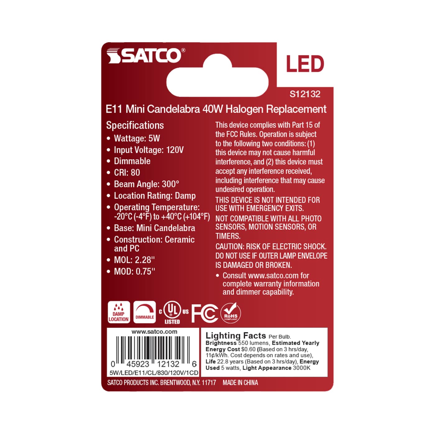 5W/LED/E11/CL/830/120V/1CD - S12132