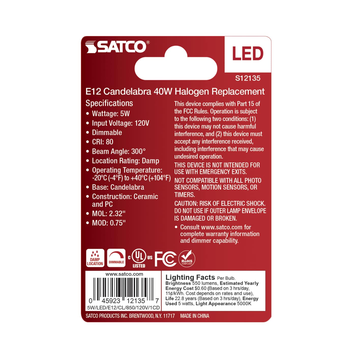 5W/LED/E12/CL/850/120V/1CD - S12135