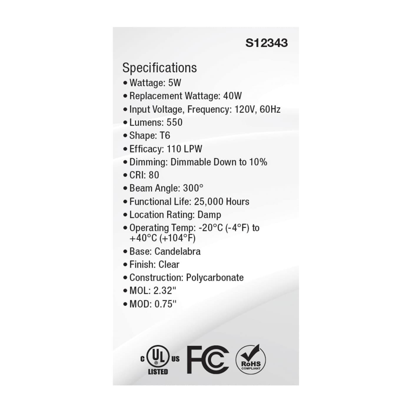 5W/LED/E12/CL/850/120V - S12343