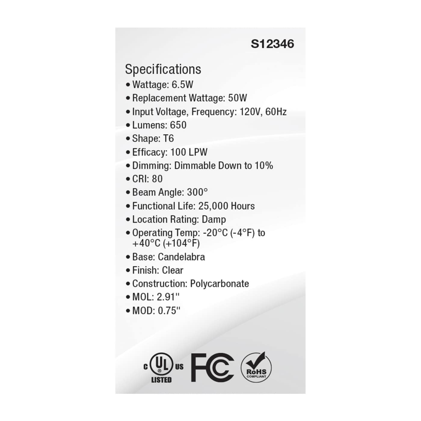 6.5W/LED/E12/CL/830/120V - S12346