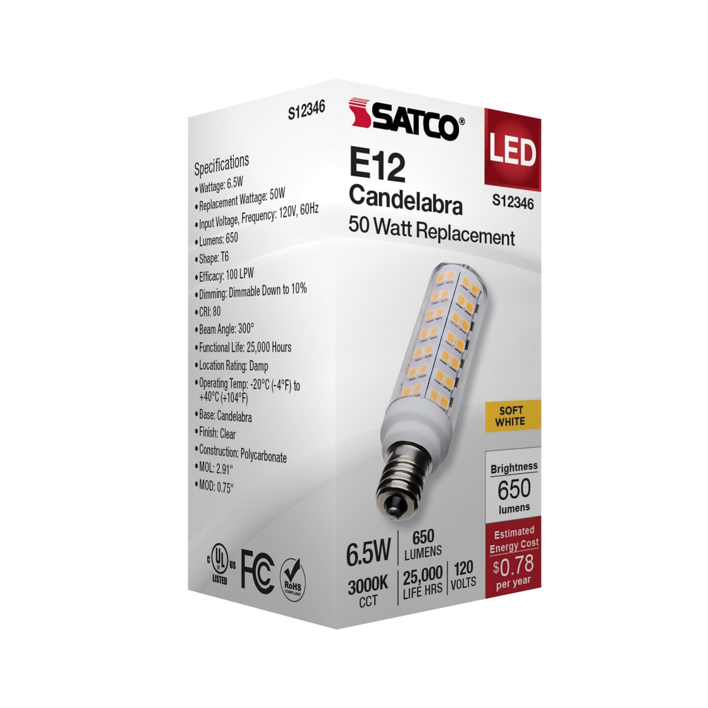 6.5W/LED/E12/CL/830/120V - S12346