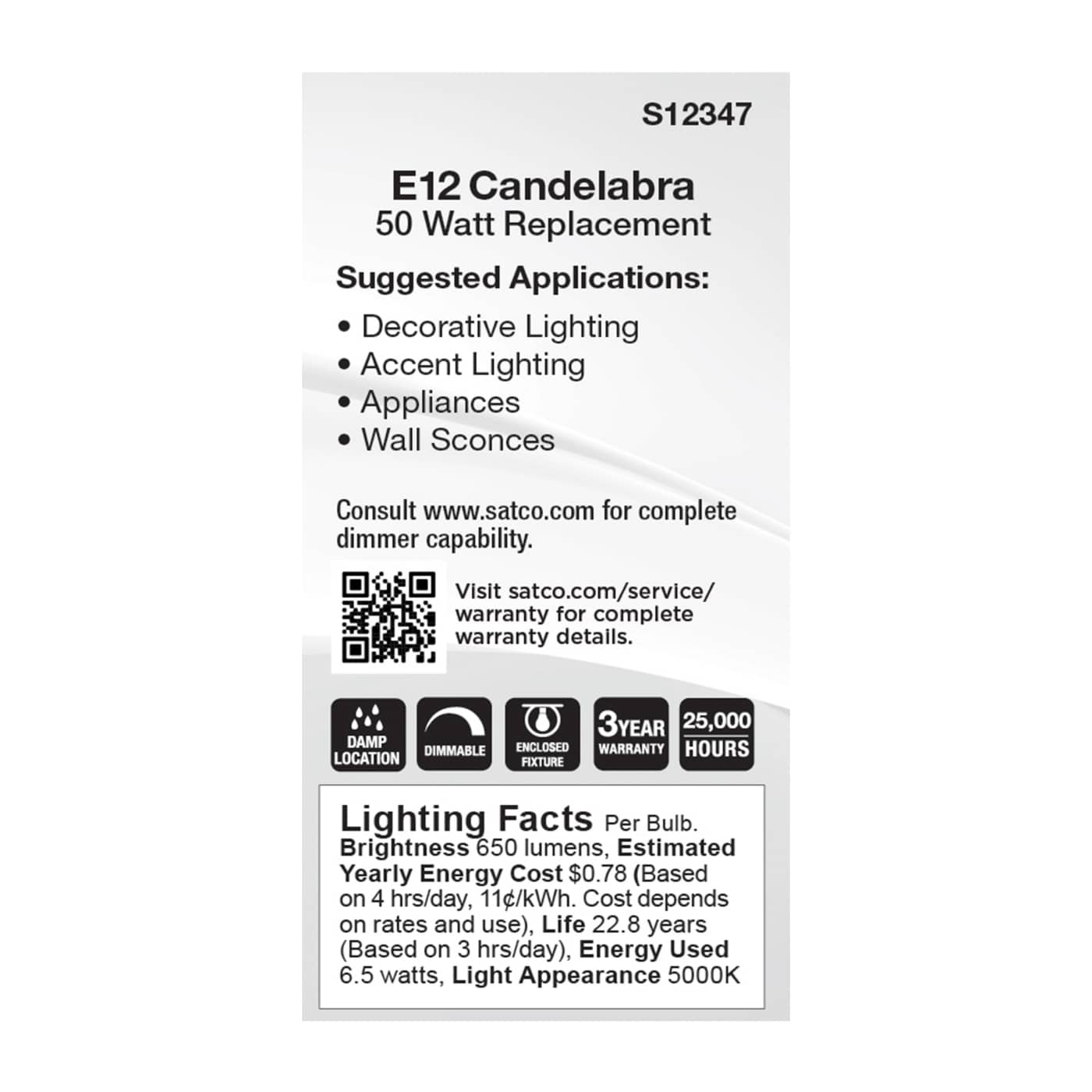 6.5W/LED/E12/CL/850/120V - S12347