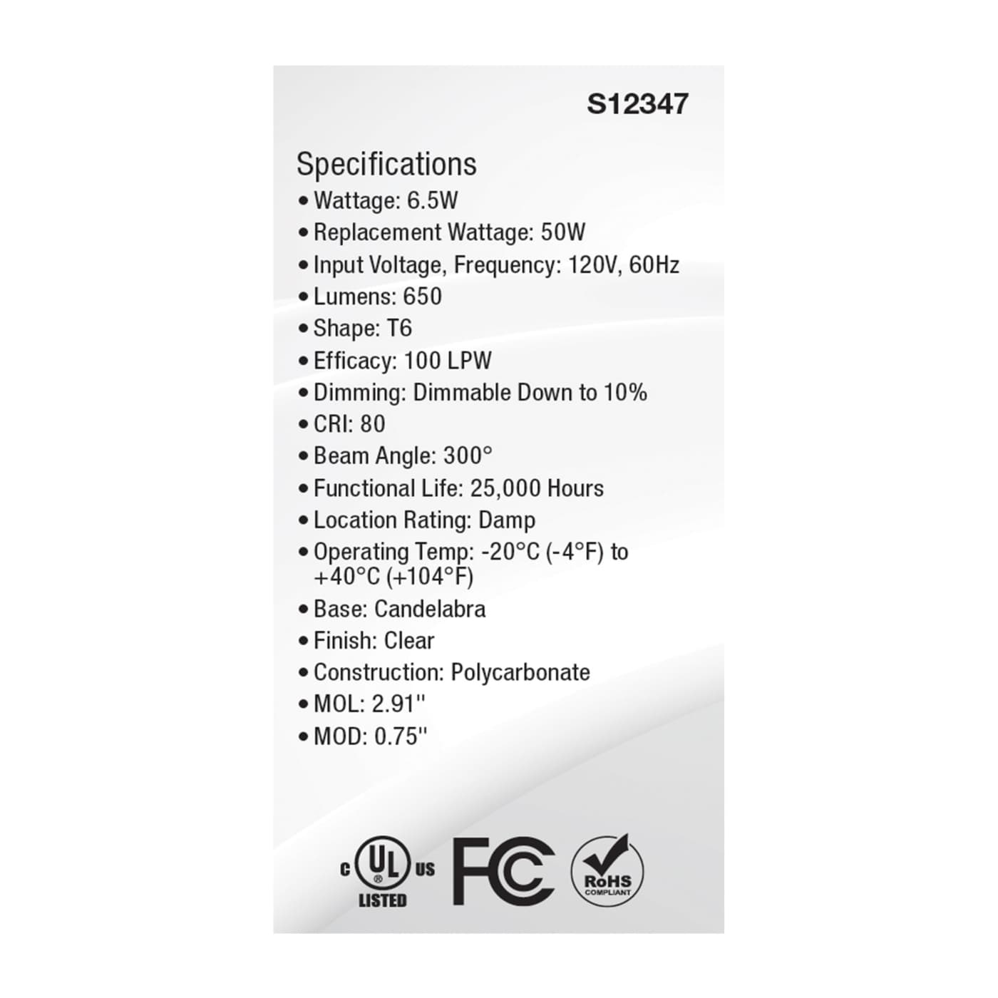 6.5W/LED/E12/CL/850/120V - S12347