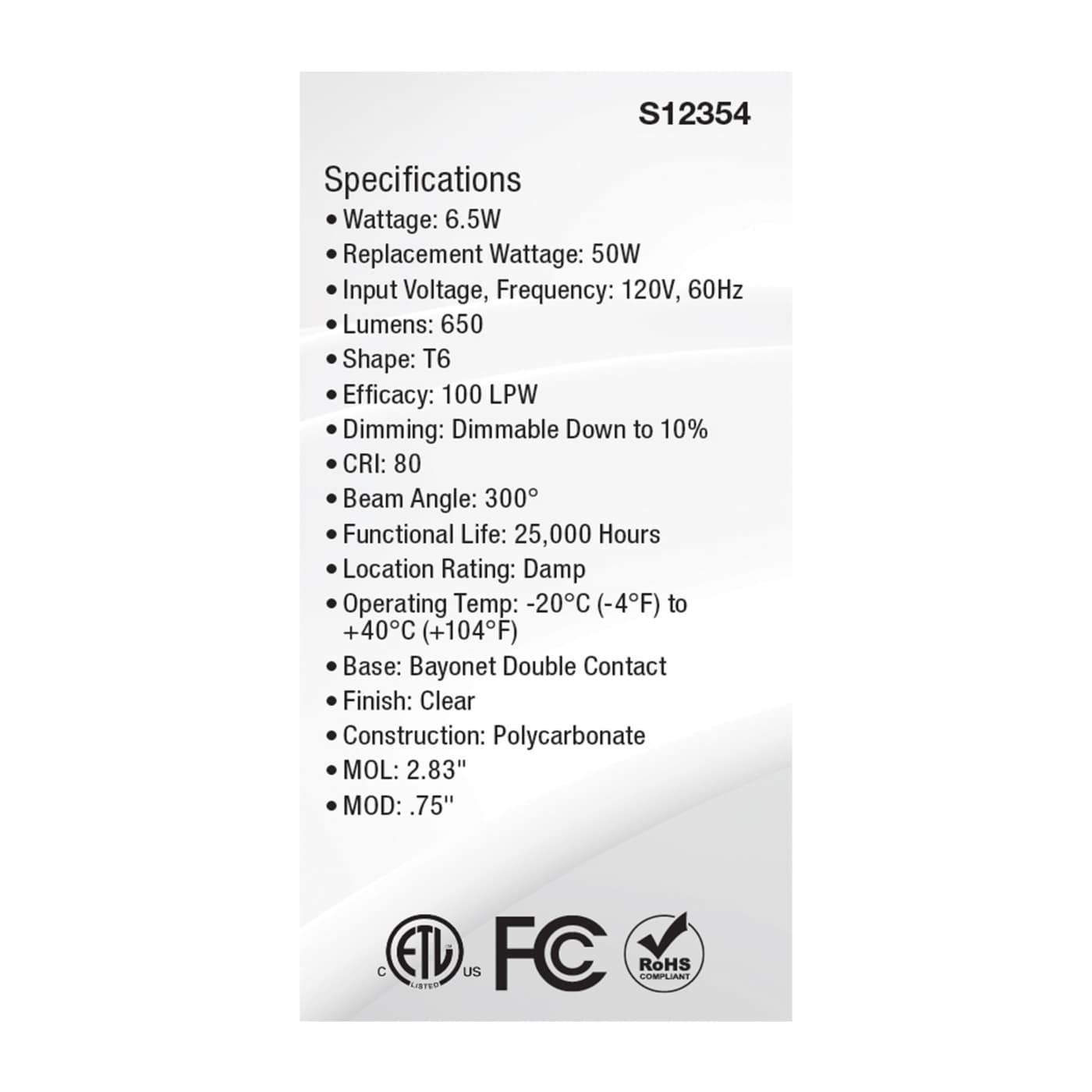 6.5W/LED/DC/CL/830/120V - S12354