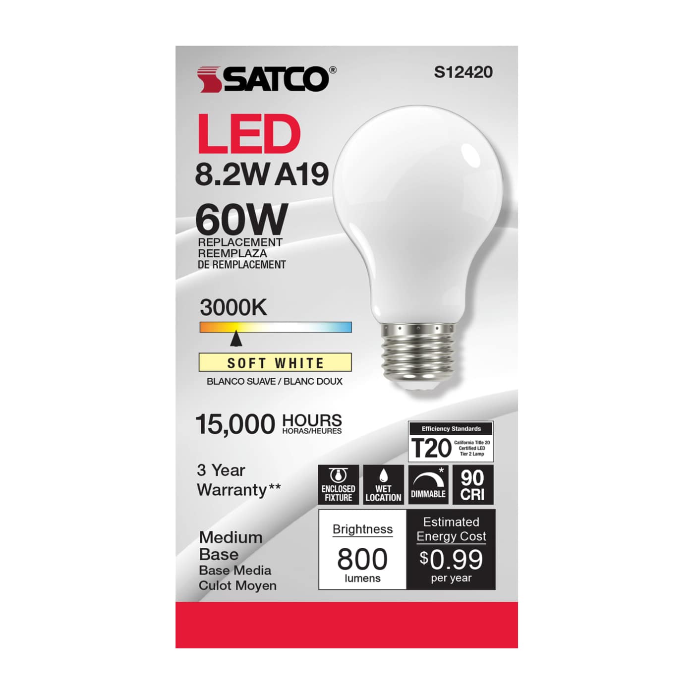 8.2A19/SW/LED/E26/930/120V - S12420