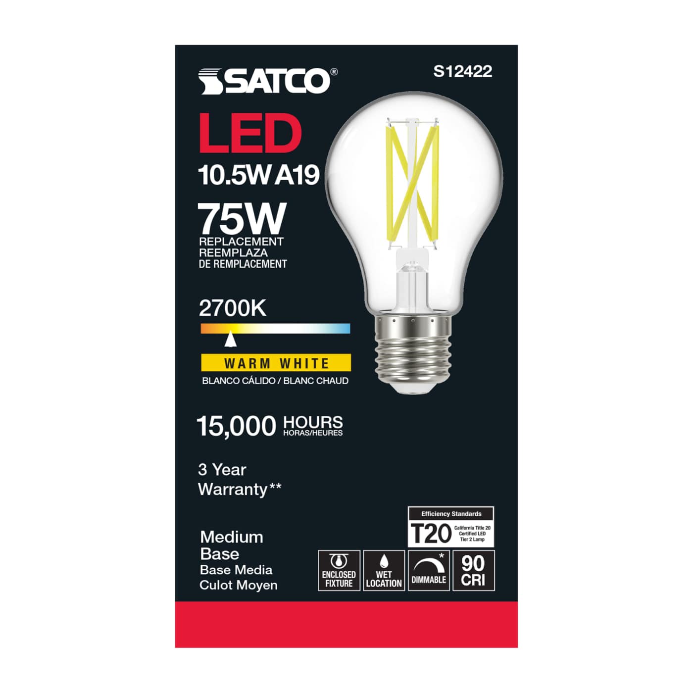 10.5A19/CL/LED/E26/927/120V - S12422