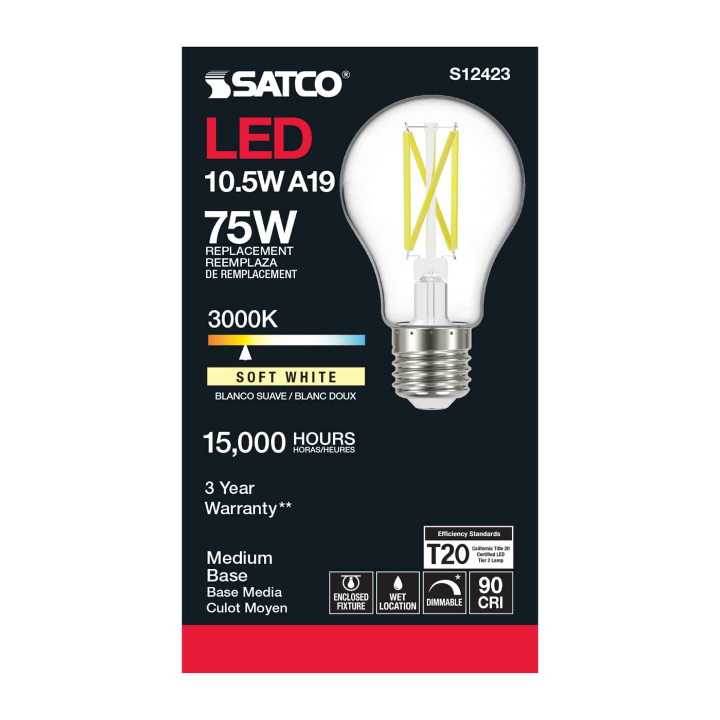 10.5A19/CL/LED/E26/930/120V - S12423