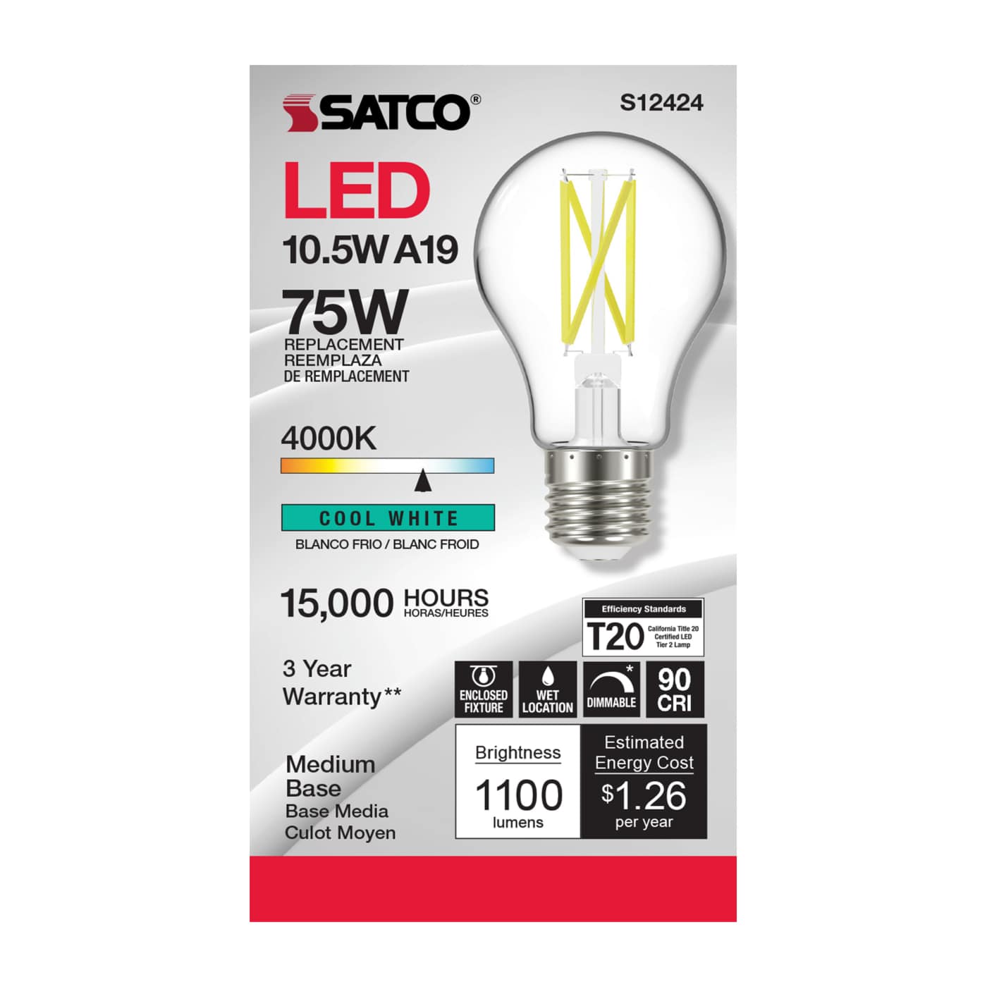 10.5A19/CL/LED/E26/940/120V - S12424