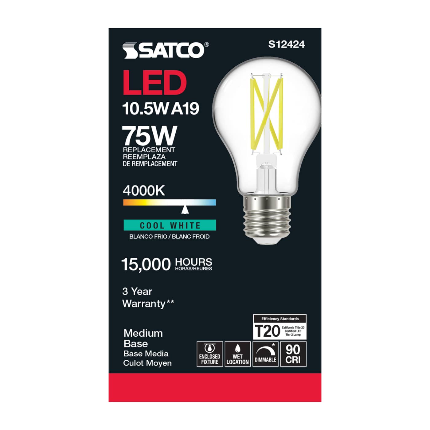 10.5A19/CL/LED/E26/940/120V - S12424