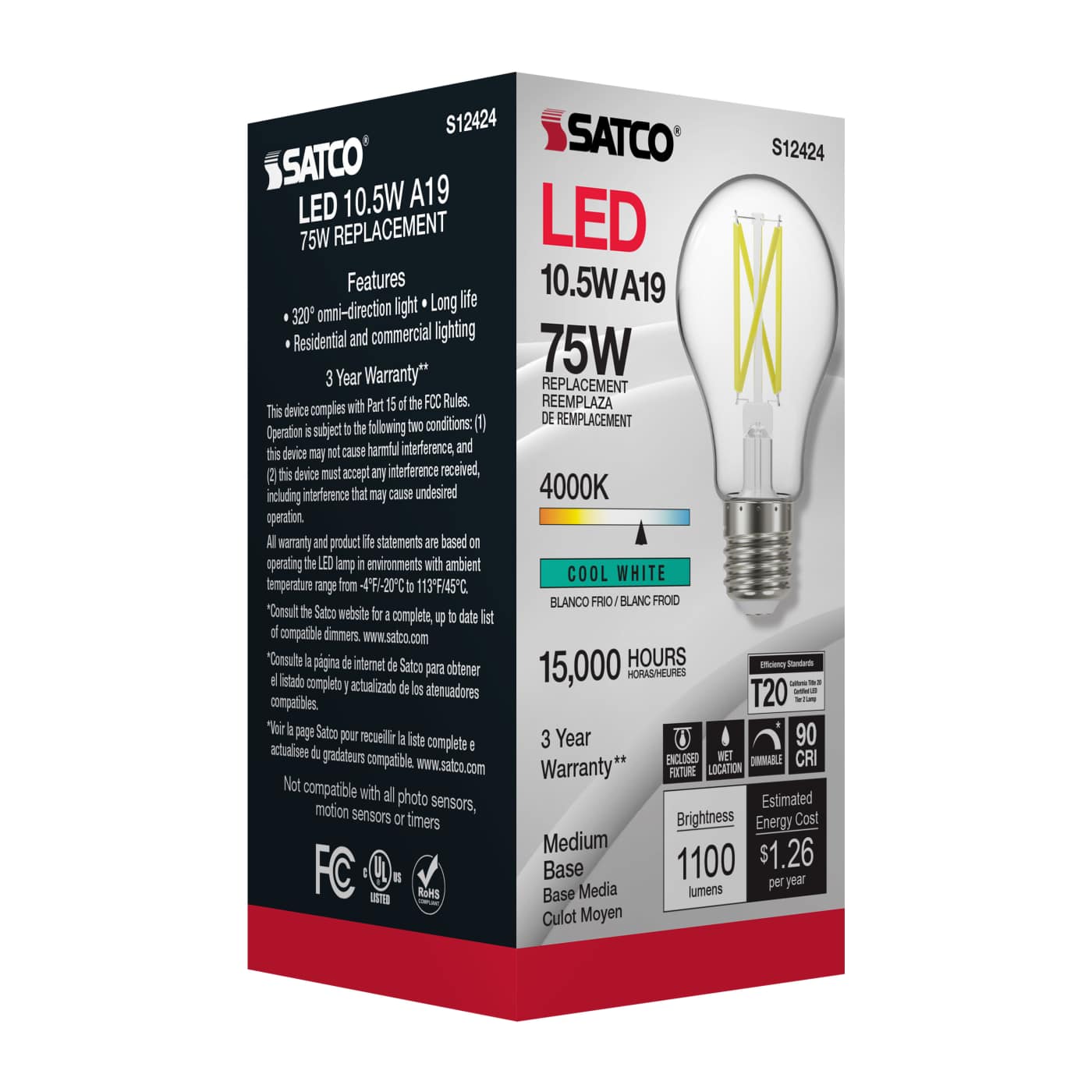 10.5A19/CL/LED/E26/940/120V - S12424