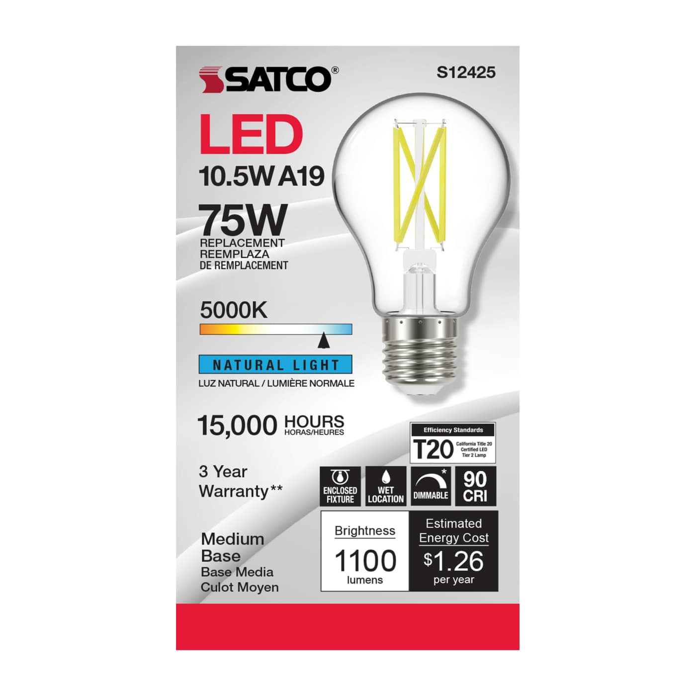 10.5A19/CL/LED/E26/950/120V - S12425