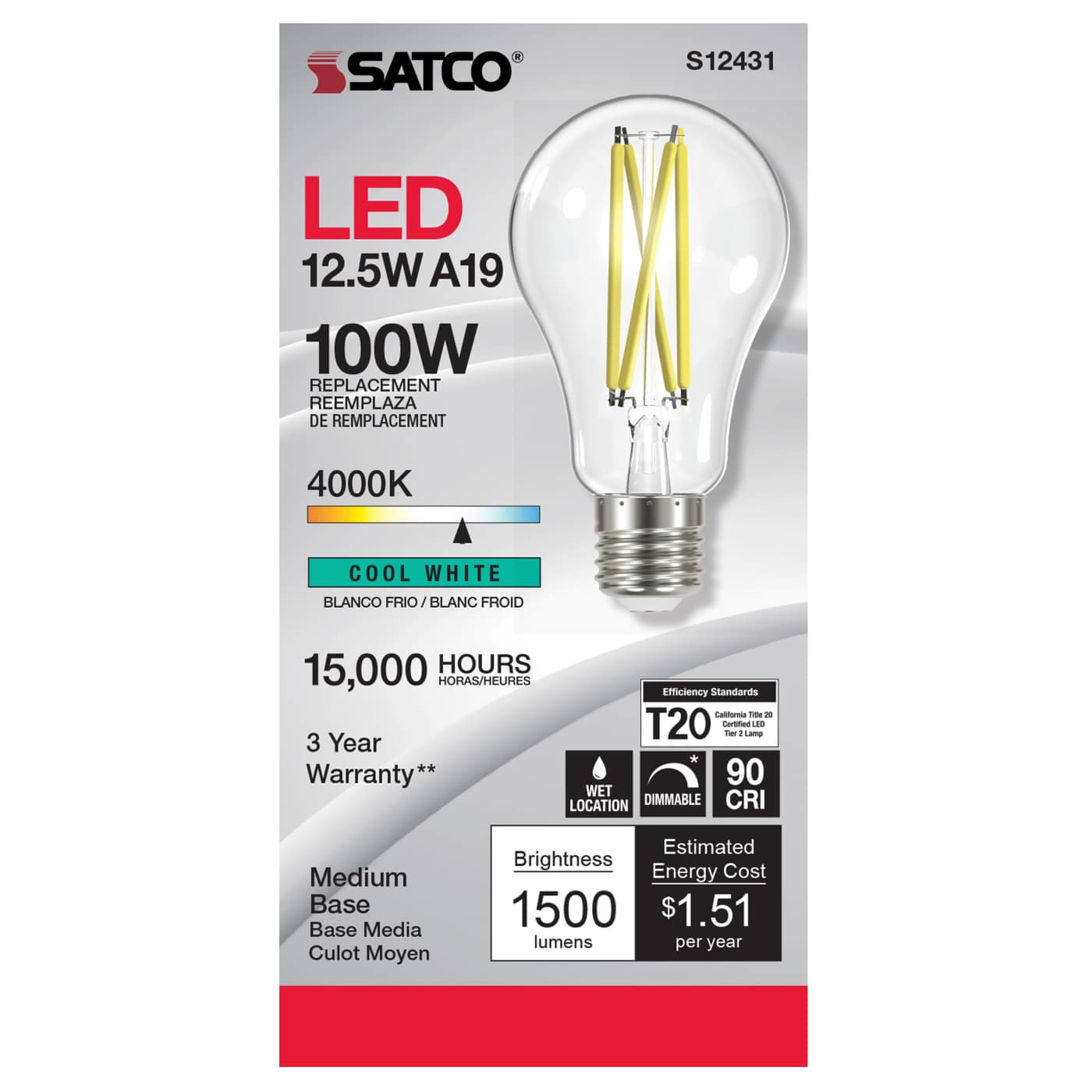 12.5A19/CL/LED/E26/940/120V - S12431