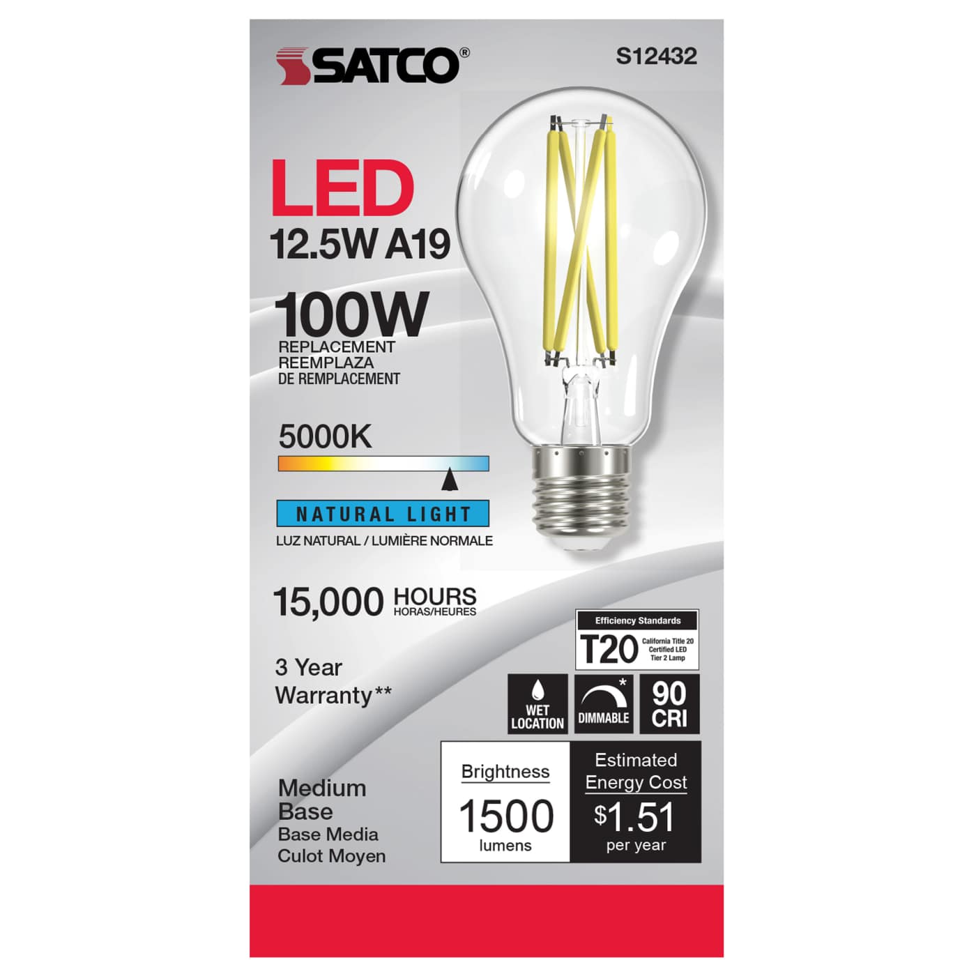 12.5A19/CL/LED/E26/950/120V - S12432