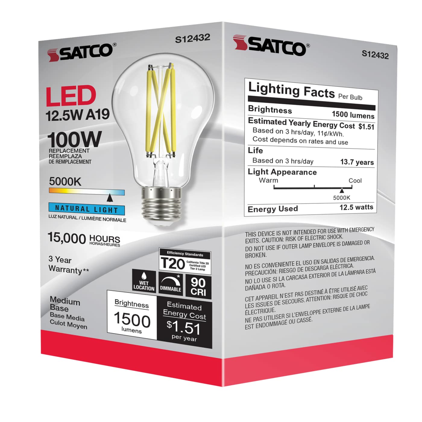 12.5A19/CL/LED/E26/950/120V - S12432