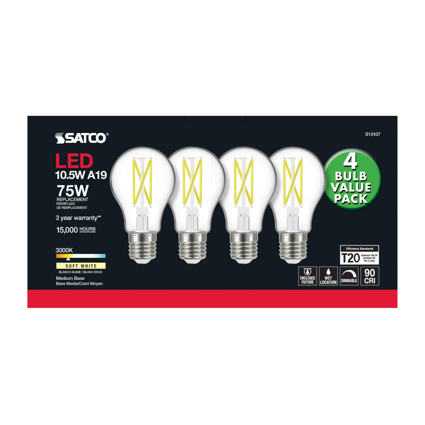 10.5A19/CL/LED/930/120V/4PK - S12437
