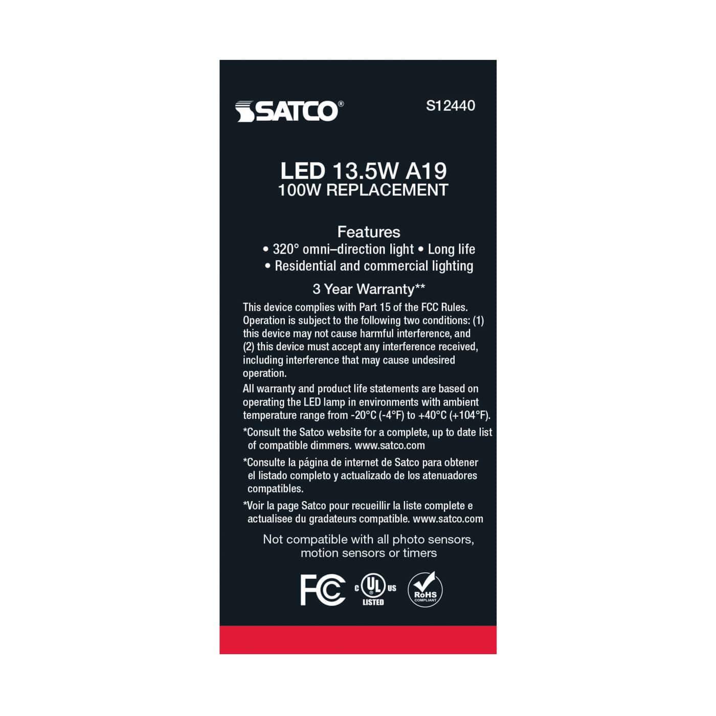 13.5A19/SW/LED/927/120V/4PK - S12440