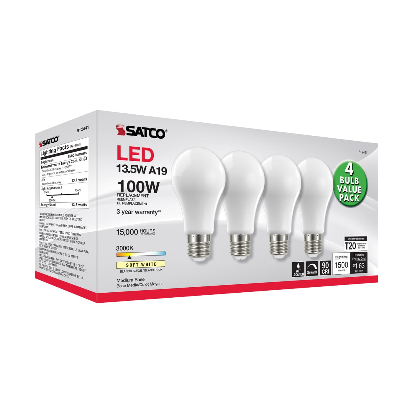 13.5A19/SW/LED/930/120V/4PK - S12441