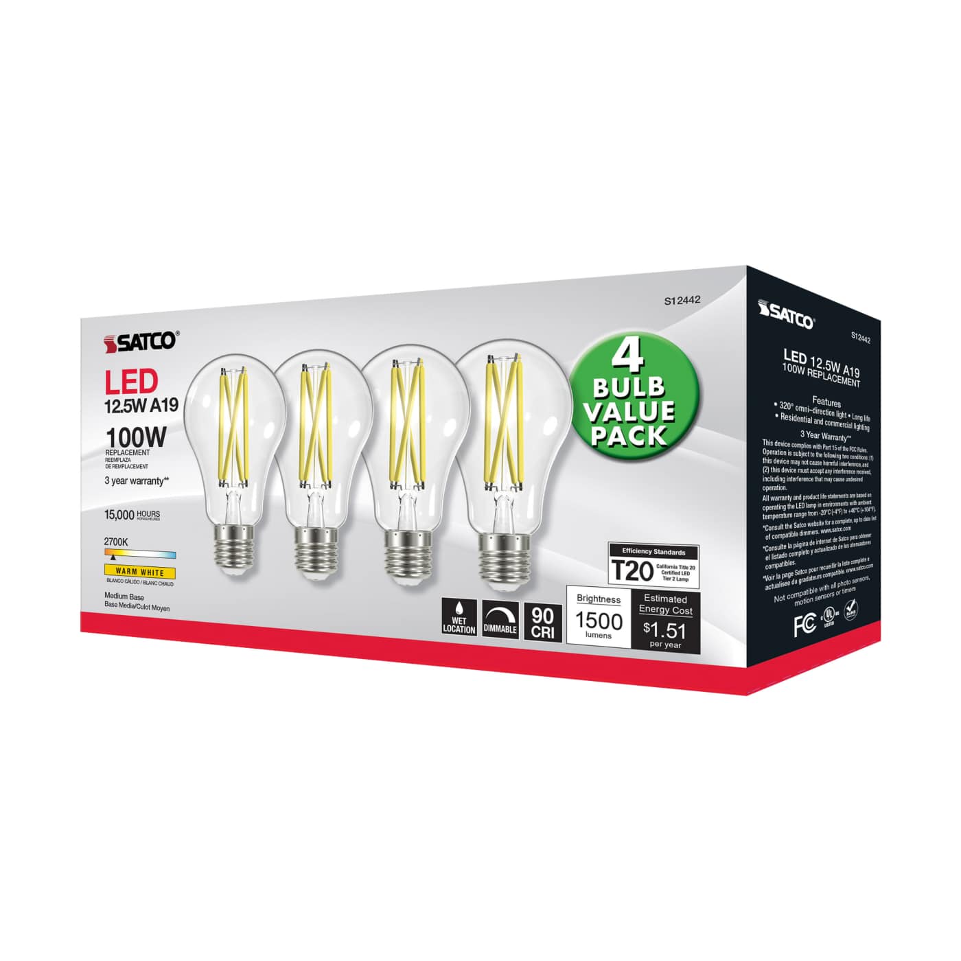 12.5A19/CL/LED/927/120V/4PK - S12442