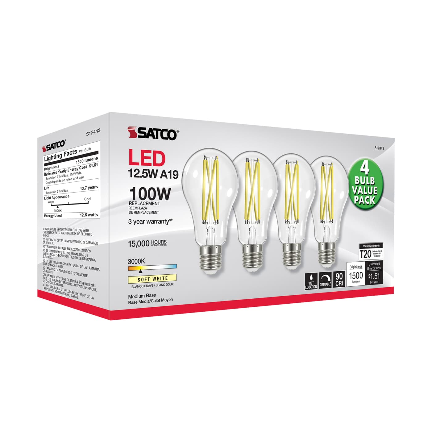 12.5A19/CL/LED/930/120V/4PK - S12443