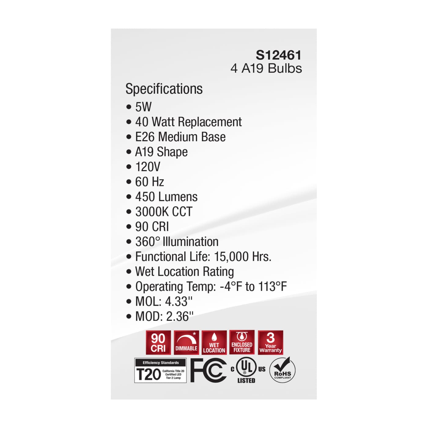 5A19/CL/LED/E26/930/4PK/120V - S12461