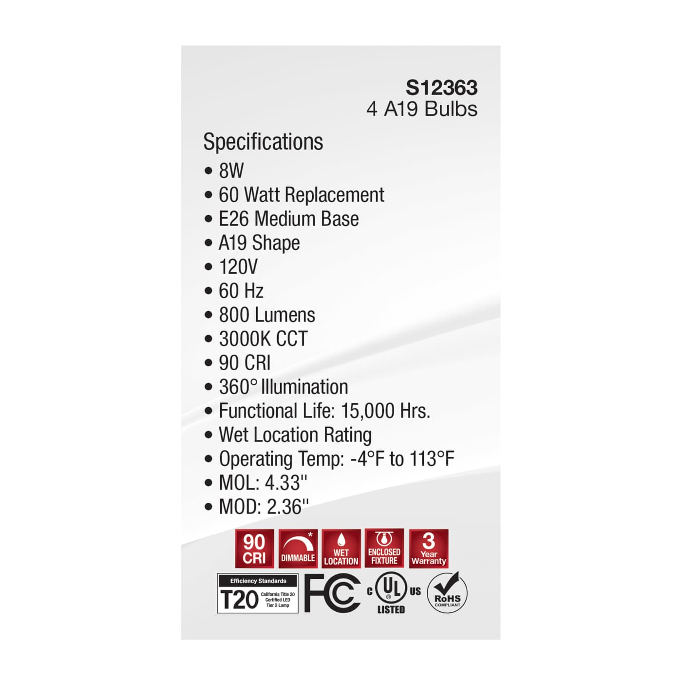 8A19/CL/LED/E26/930/4PK/120V - S12463