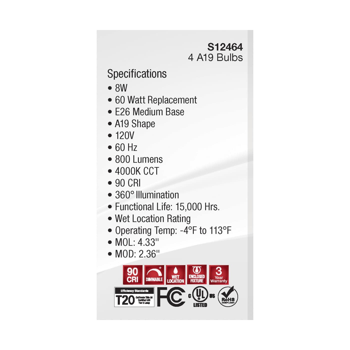 8A19/CL/LED/E26/940/4PK/120V - S12464