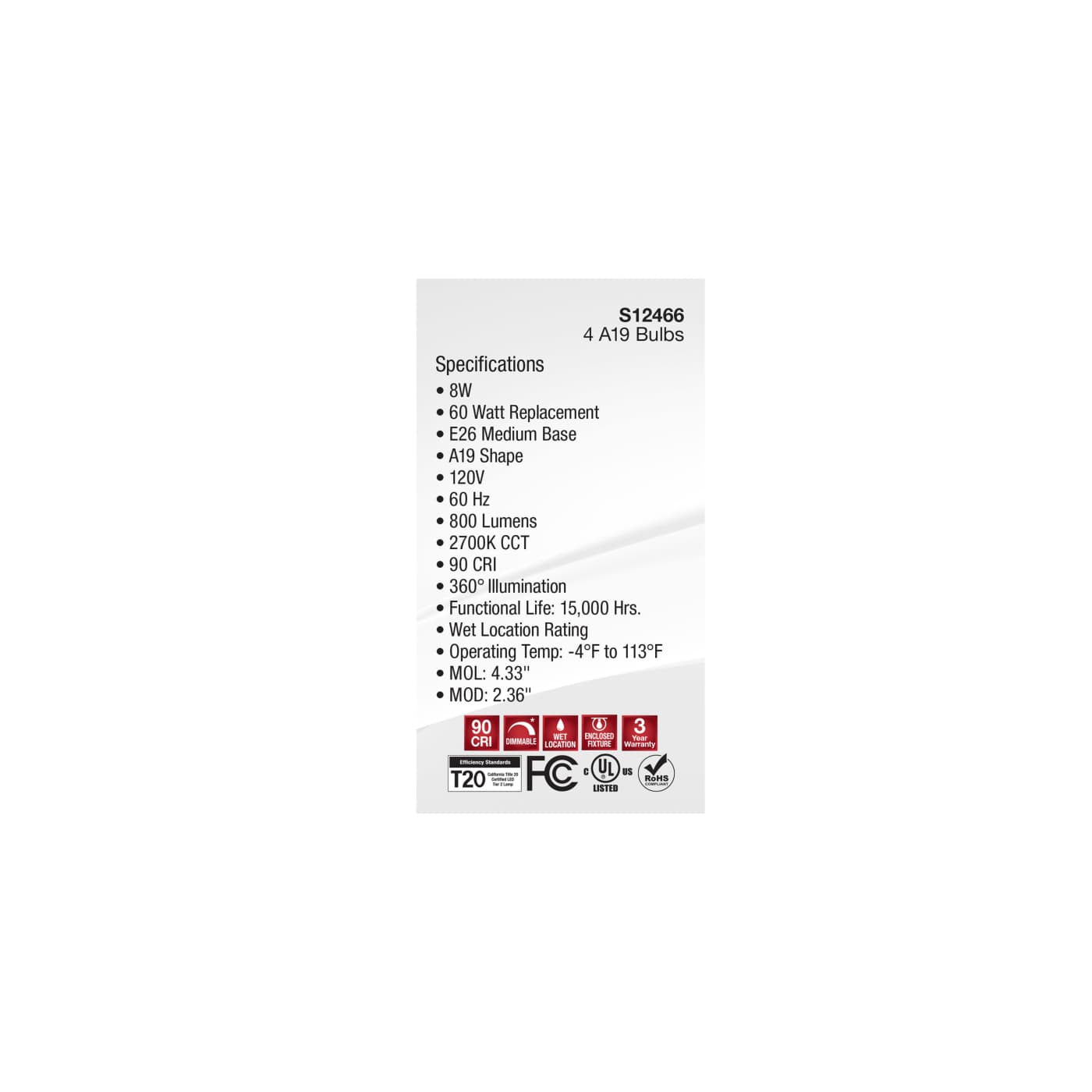 8A19/SW/LED/E26/927/4PK/120V - S12466