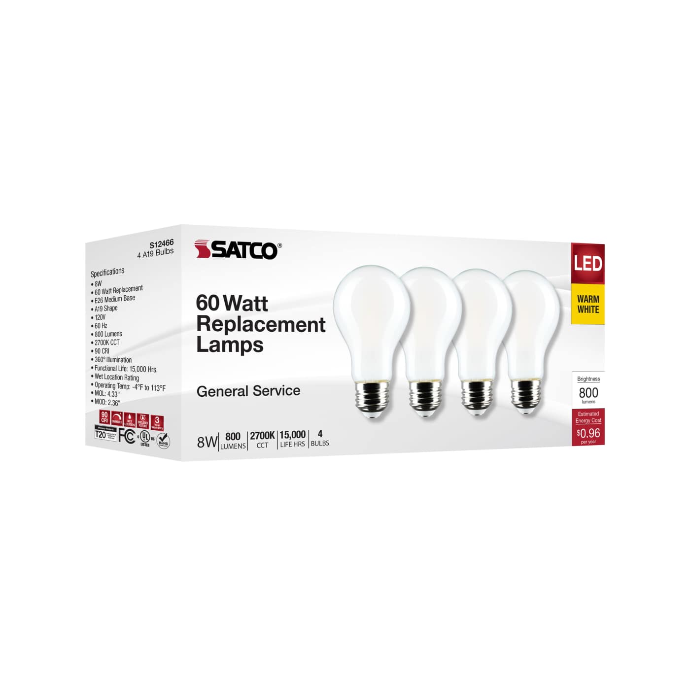 8A19/SW/LED/E26/927/4PK/120V - S12466