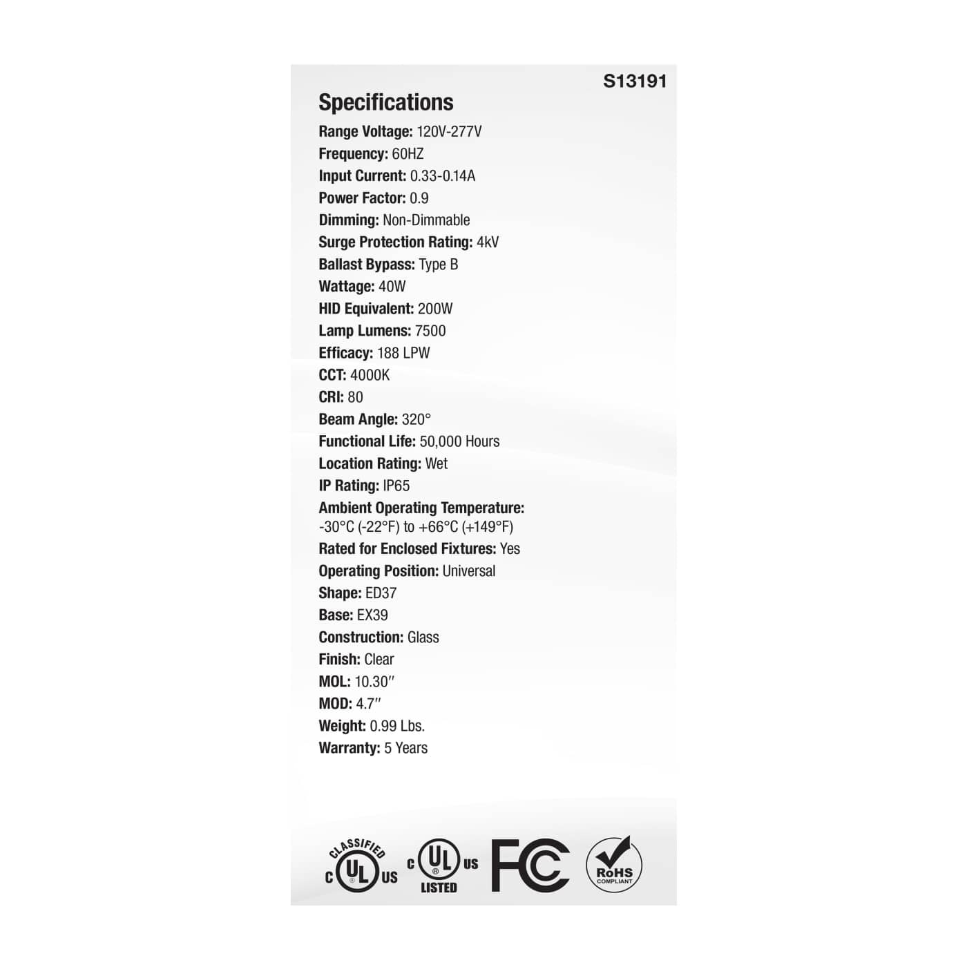 40W/LED/HID/ED37/840/EX39/CL - S13191