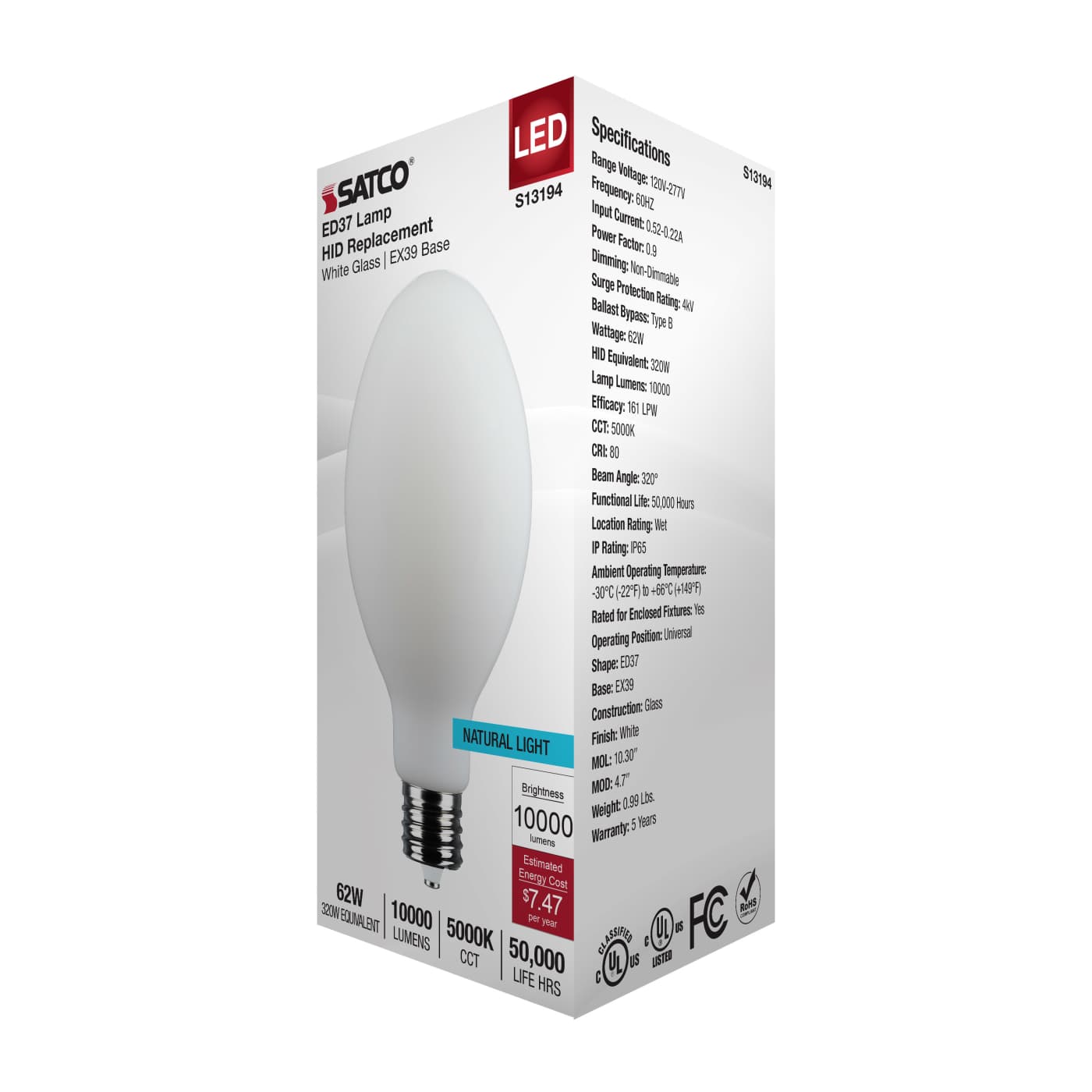 62W/LED/HID/ED37/850/EX39/WH - S13194