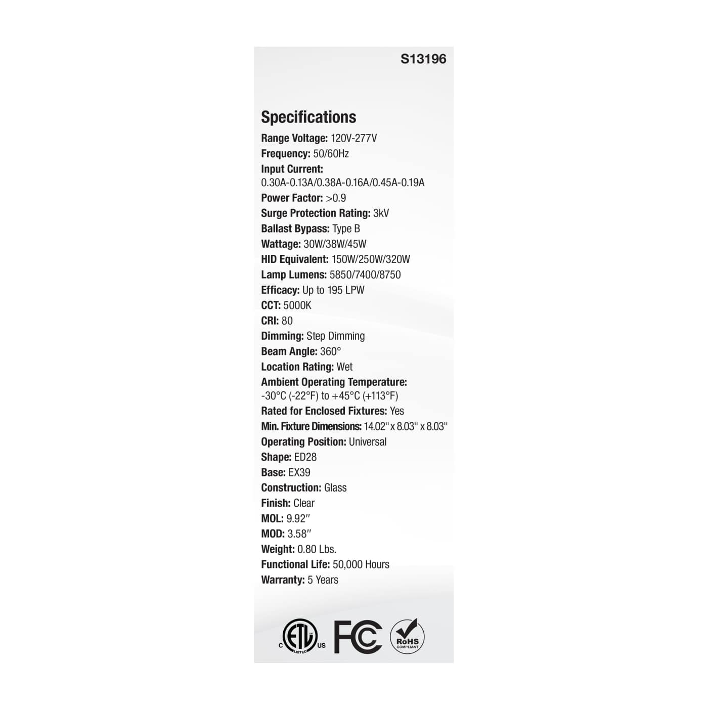 45W/LED/HID/ED28/850/EX39/CL - S13196