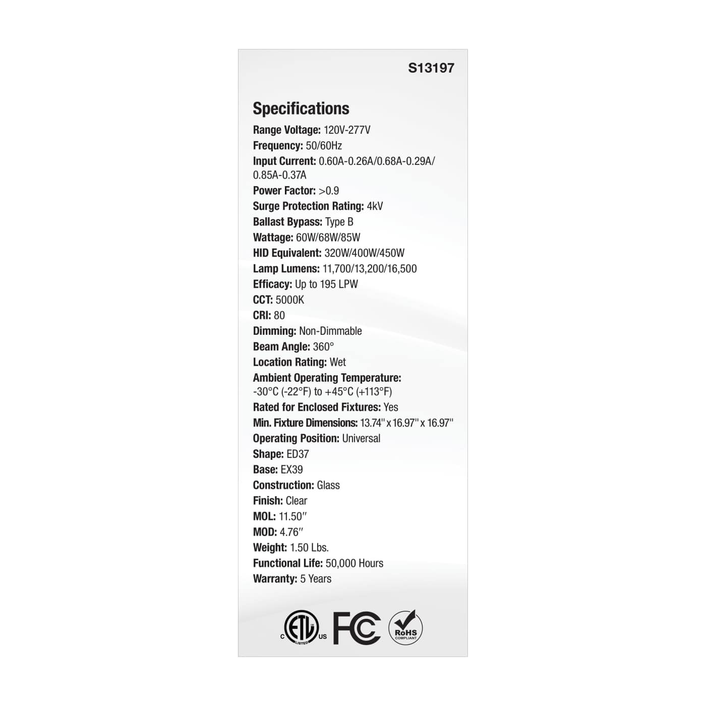 85W/LED/HID/ED37/850/EX39/CL - S13197