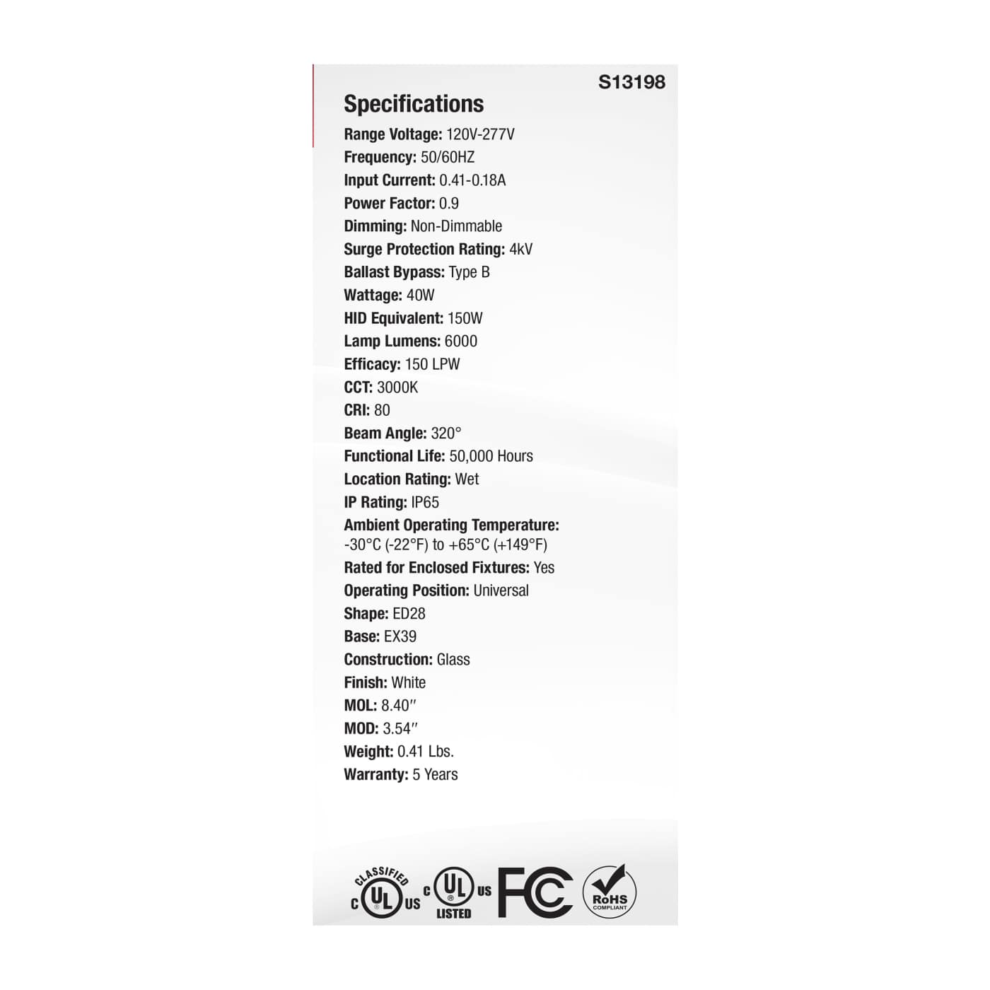 40W/LED/HID/ED28/830/EX39/WH - S13198