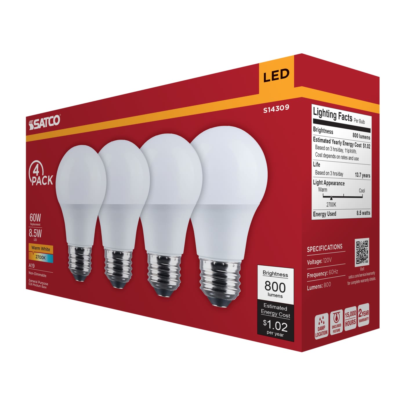 8.5A19L/827/E26/P/ND/4PK - S14309