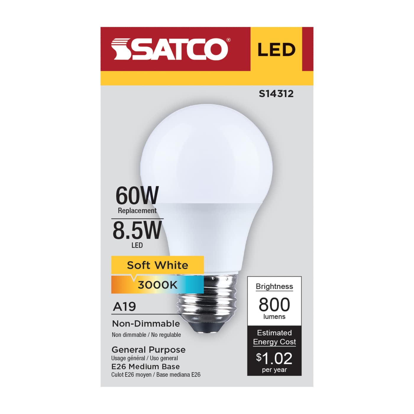 8.5A19L/830/E26/P/ND/1PK - S14312