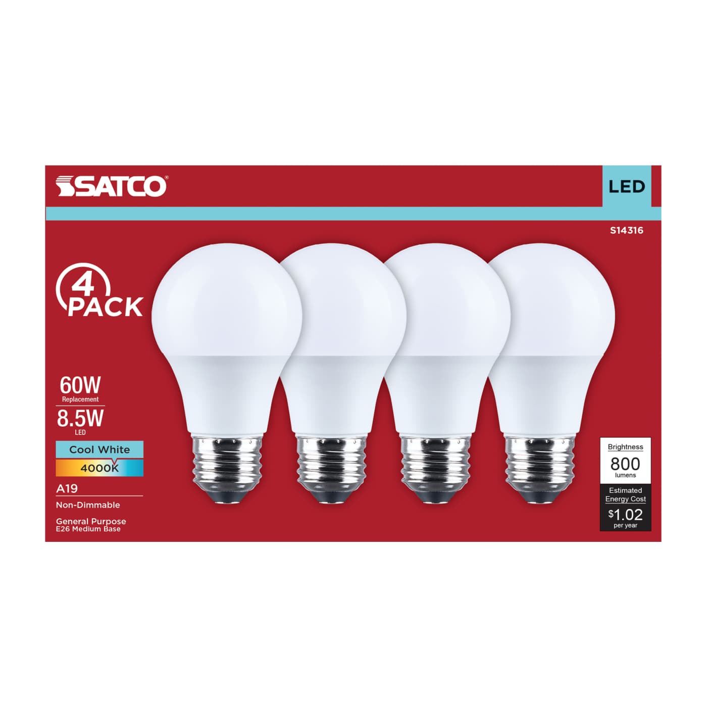 8.5A19L/840/E26/P/ND/4PK - S14316