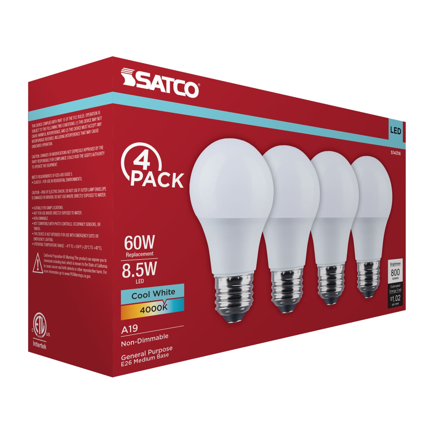 8.5A19L/840/E26/P/ND/4PK - S14316
