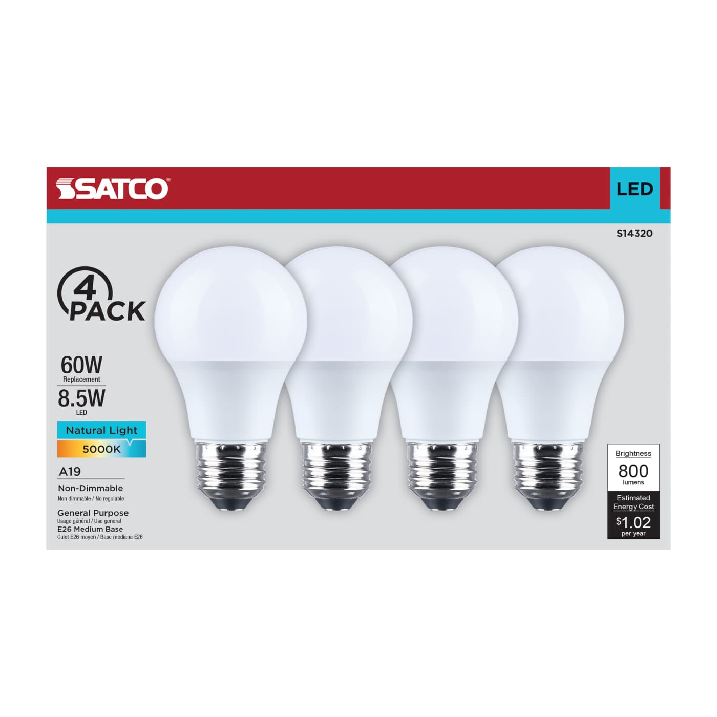 8.5A19L/850/E26/P/ND/4PK - S14320