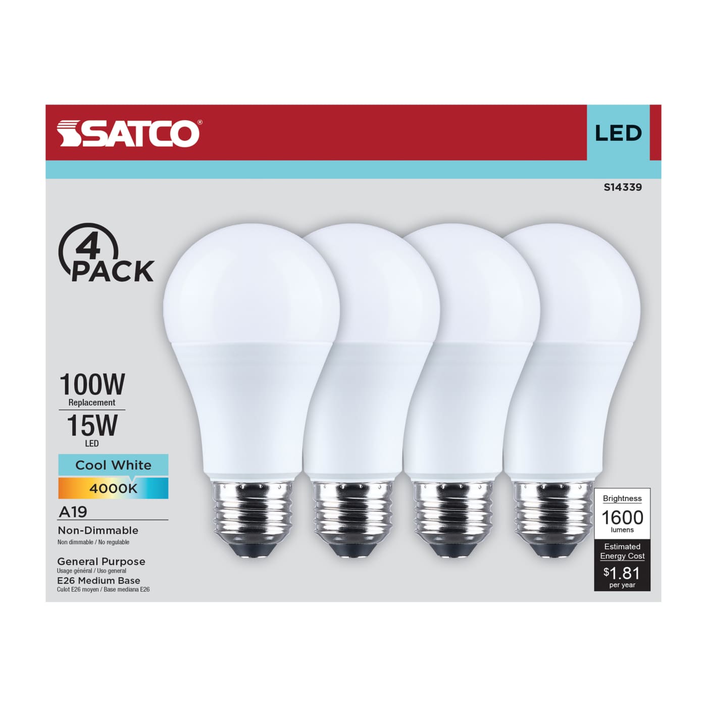 15A19L/840/E26/P/ND/4PK - S14339