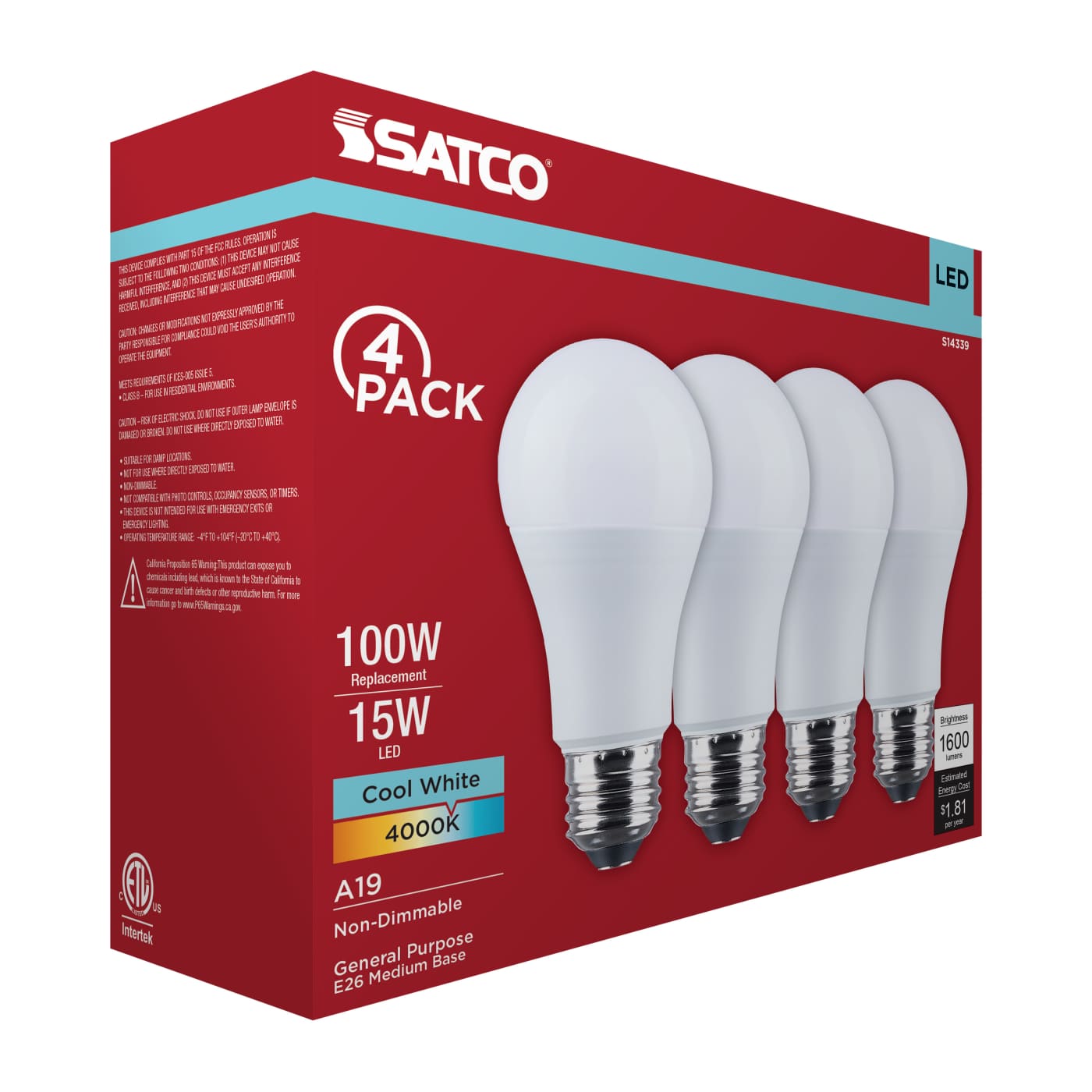 15A19L/840/E26/P/ND/4PK - S14339