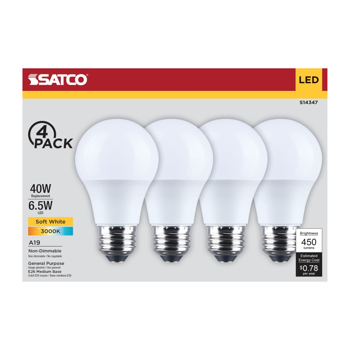 6.5A19L/930/E26/P/ND/4PK - S14347